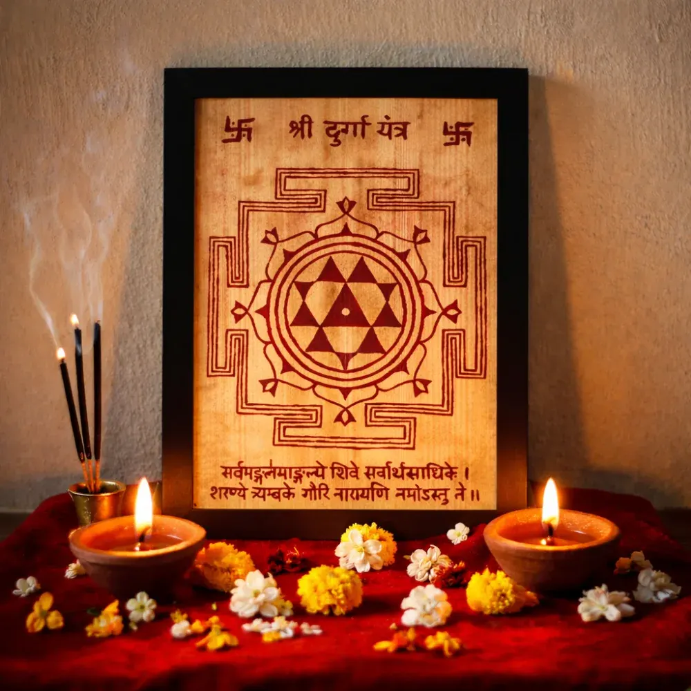 Handcrafted Shree Durga Yantra on authentic Bhojpatra featuring the Sarva Mangala Mangalye mantra, displayed in a traditional puja setting with lit diyas and marigold flowers.