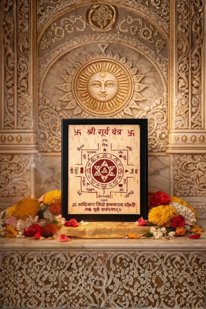 Authentic hand-painted Shri Surya Yantra on Bhojapatra leaf for Sun planet remedies, framed with traditional Vedic offerings and Surya motif at the background.