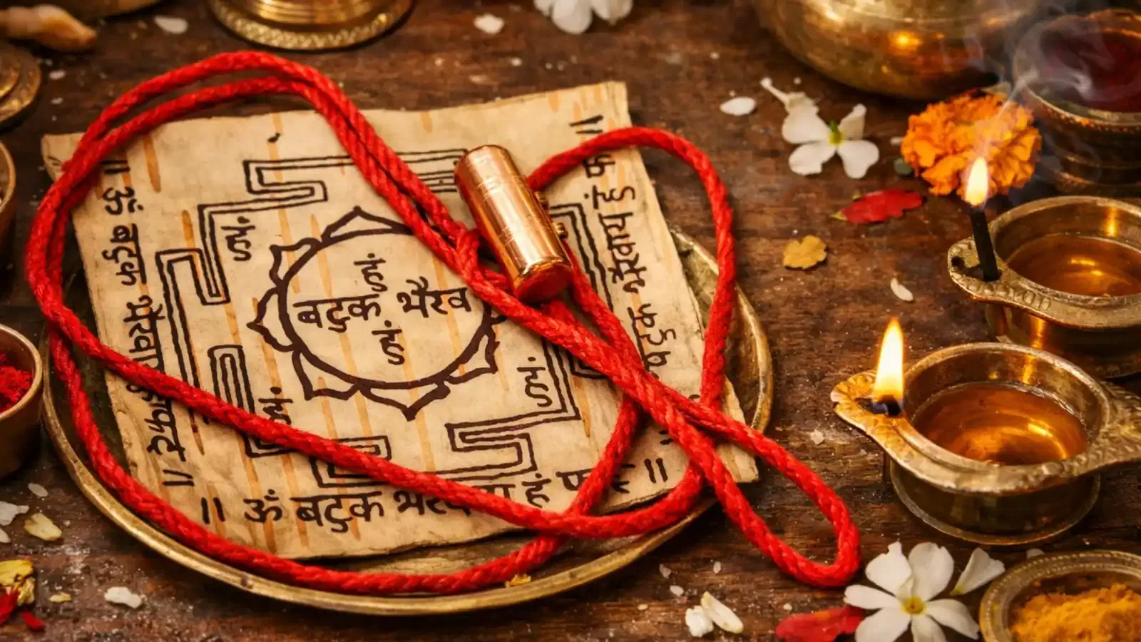 Handwritten Batuk Bhairav Yantra on authentic Bhojpatra with a copper tabeez capsule for protection and overcoming obstacles.