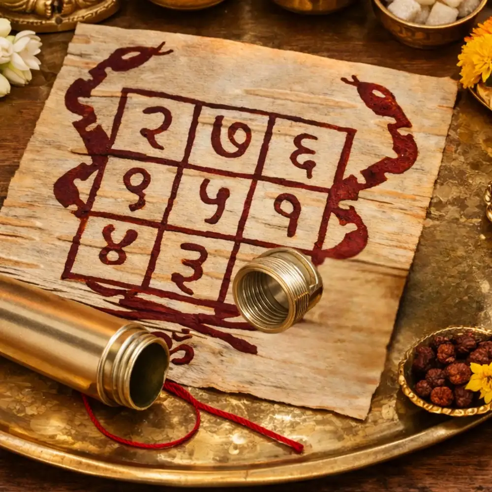 Personalized Kalasarpa Kavach Yantra handwritten on Bhojpatra for Rahu-Ketu Dosha remedies and protection.