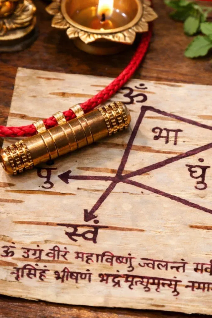 Sacred Narasimha Kavach Yantra featuring the Ugra Veeram mantra handwritten on birch bark for divine protection and courage.