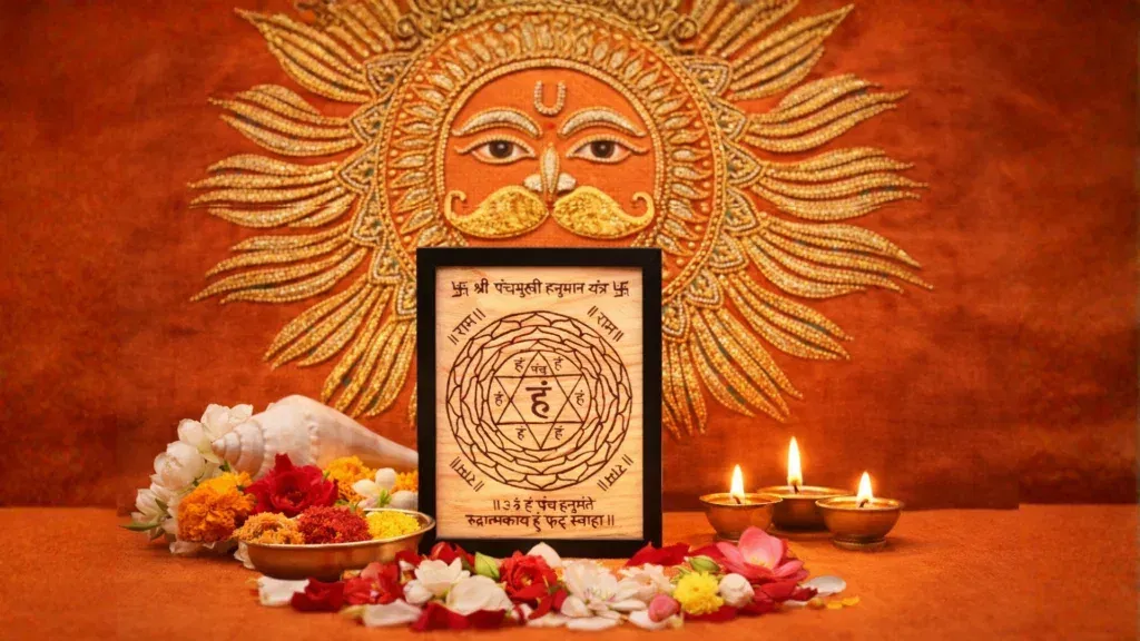 Handcrafted Shri Hanuman Yantra on authentic Bhojapatra with Hanuman Gayatri mantra for protection and strength, displayed on a Vedic altar.