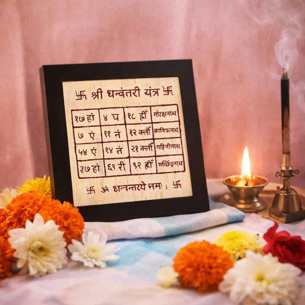 Handcrafted Shree Dhanvantari Yantra on Bhojpatra for health and vitality, featuring sacred Beej Mantras and the Dhanvantari Mantra.