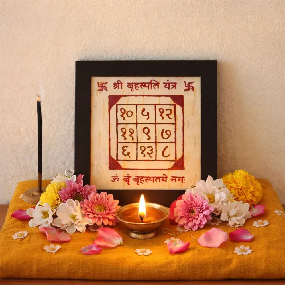 Shri Brihaspati Yantra numerical grid on Bhojapatra for Jupiter planet blessings, wisdom, and prosperity, shown in a puja setting, kept under a saffron cloth.