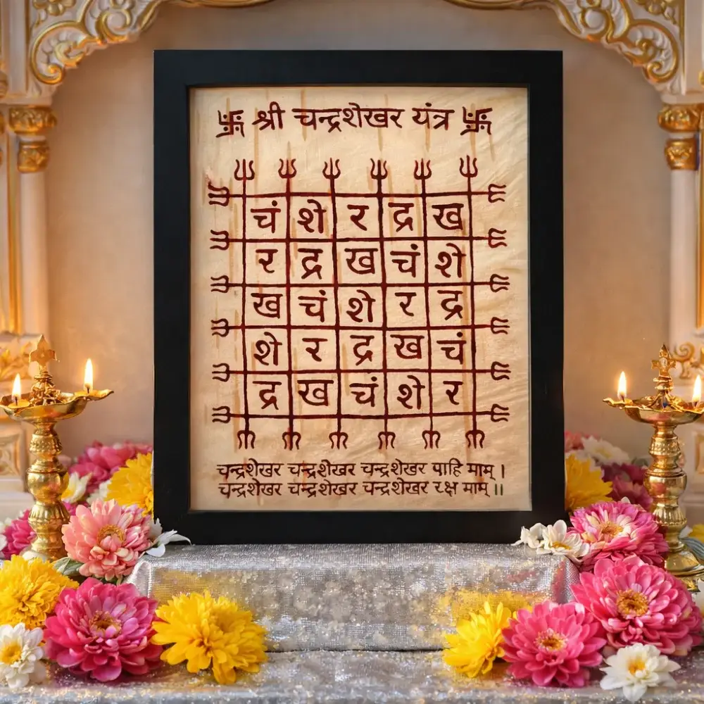Powerful Shri Chandrashekhar Yantra featuring trishul symbols and protection mantras, handcrafted on Bhojapatra for Lord Shiva’s blessings.