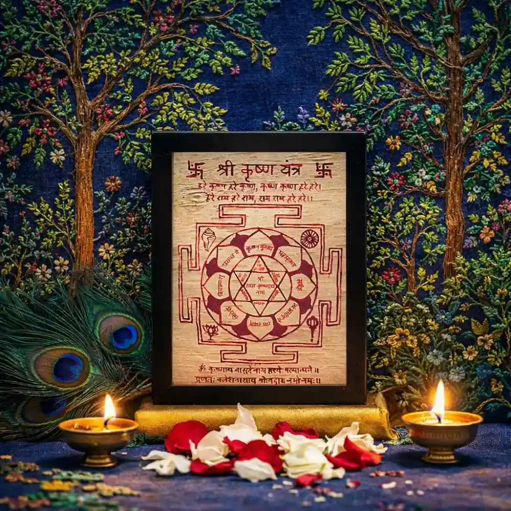 Authentic Shri Krishna Yantra on Bhojapatra featuring the Hare Krishna Mahamantra and peacock feathers, designed for bhakti and spiritual attraction.