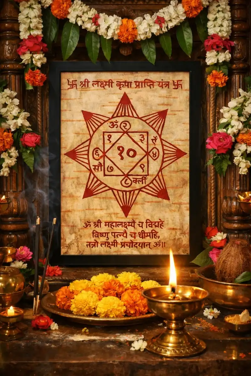 Authentic Shri Lakshmi Kripa Prapti Yantra framed on a traditional Vedic altar with flowers and a brass diya for home prosperity.