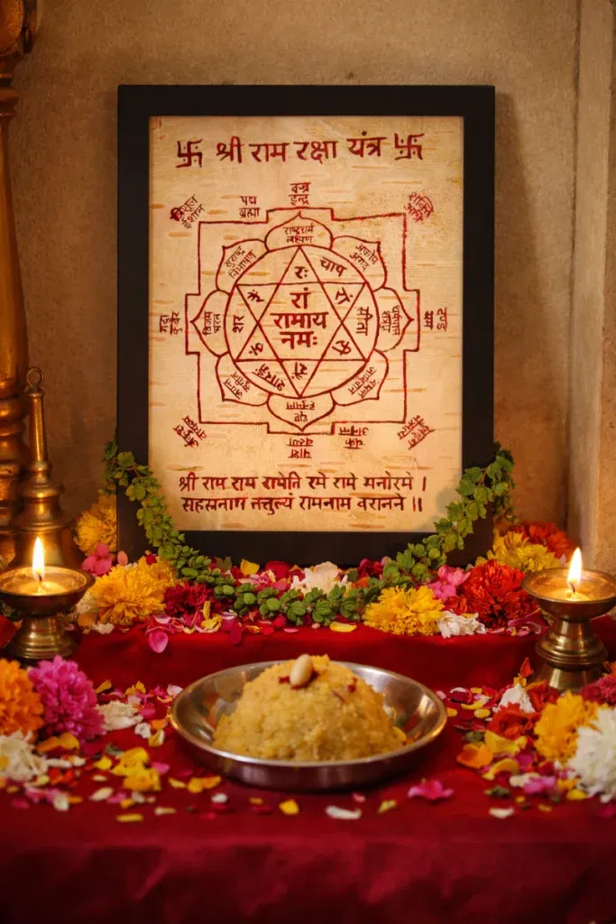 Traditional Shri Ram Raksha Yantra on Bhojapatra with the Rama Raksha Stotra verse, presented with prasad and diyas for family protection.
