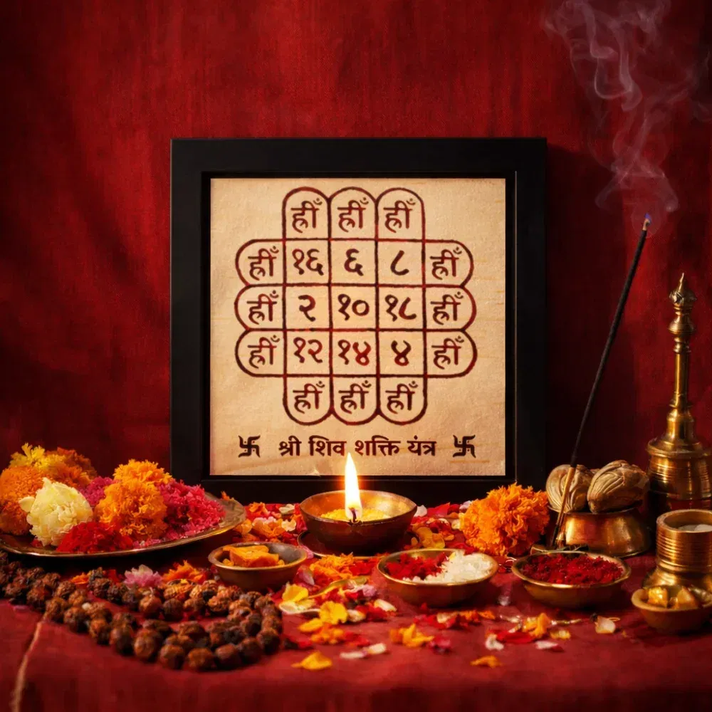 Traditional Shri Shiv Shakti Yantra with Hreem Beej Mantras, handcrafted on Bhojapatra, displayed with rudraksha beads and incense for spiritual energy.