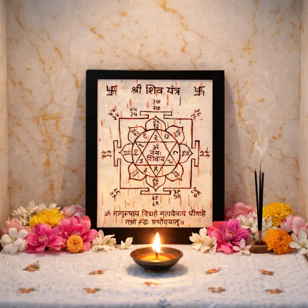 Authentic handcrafted Shri Shiv Yantra on Bhojapatra with Om Namah Shivaya and Shiva Gayatri mantra, shown in a sacred puja altar with a diya.