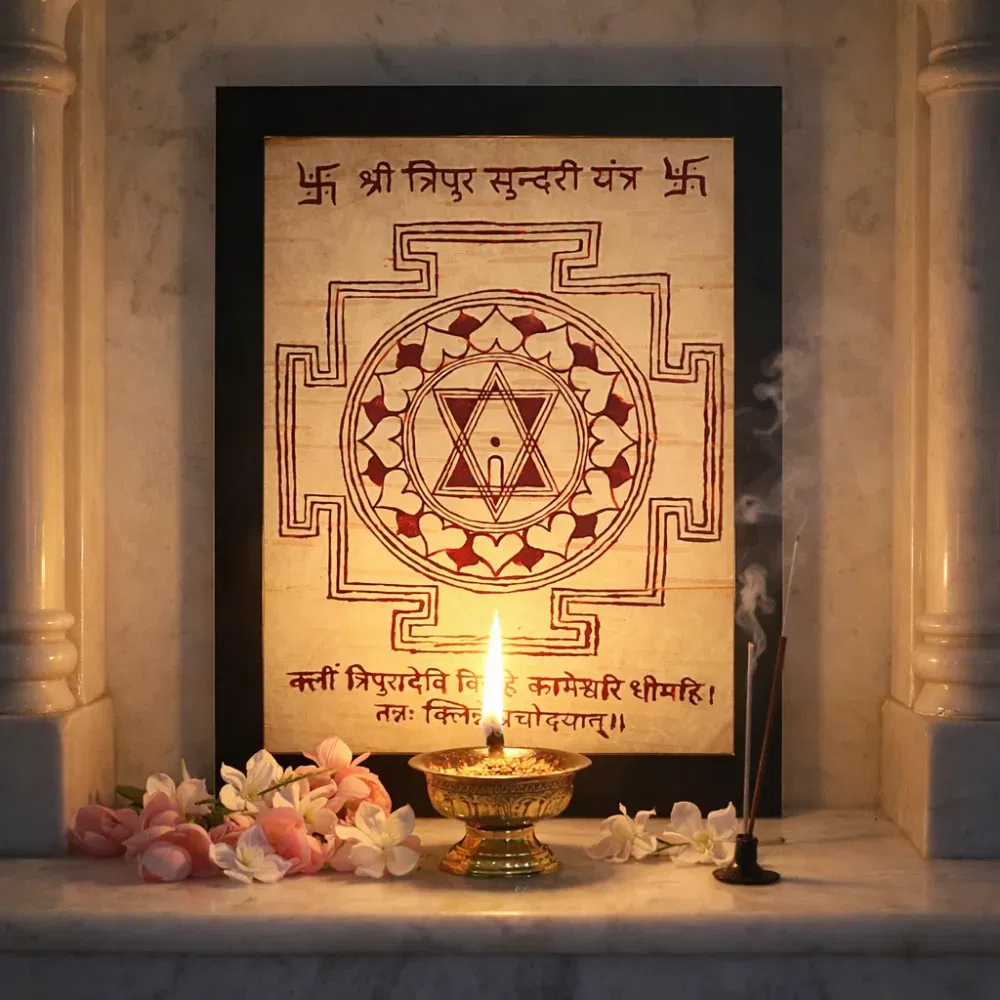 Shri Tripura Sundari Yantra on original Bhojpatra for Shakti Sadhana, placed in a white marble temple alcove with jasmine flowers and a burning incense stick.