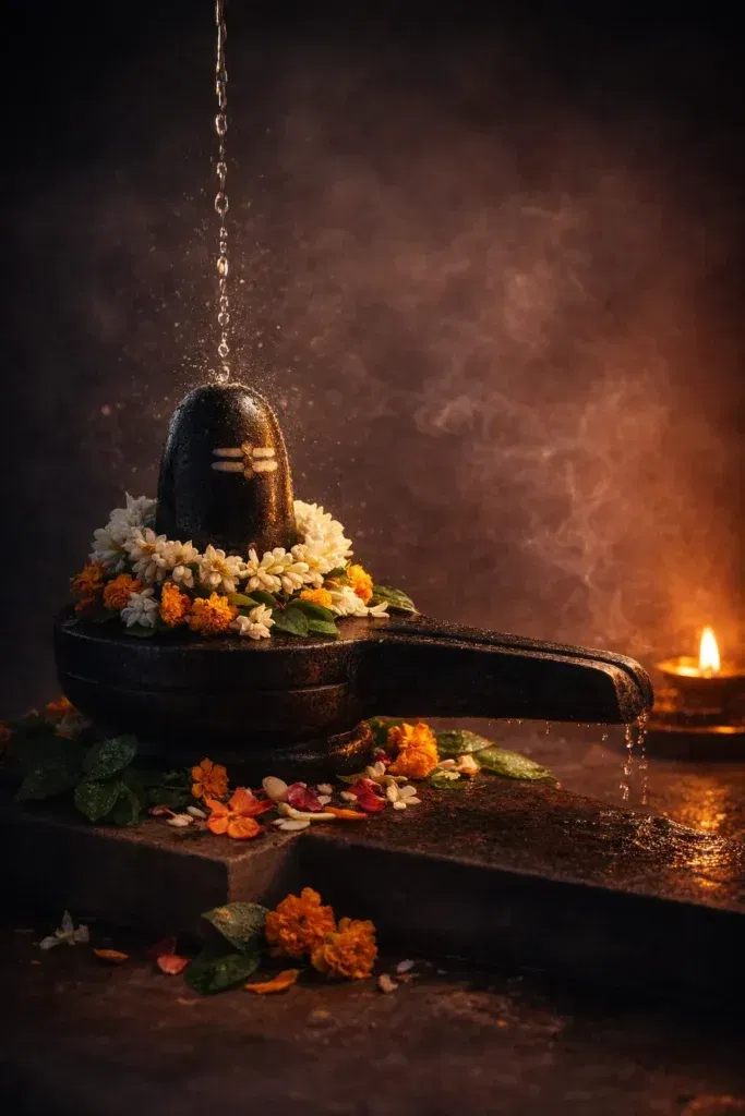 High-contrast artistic image of a dark stone Shiva Lingam with a long yoni spout, as a thin stream of water falls onto it during abhishekam, droplets frozen in light, surrounded by orange marigold petals and a soft diya glow conveying peace and ritual purity.