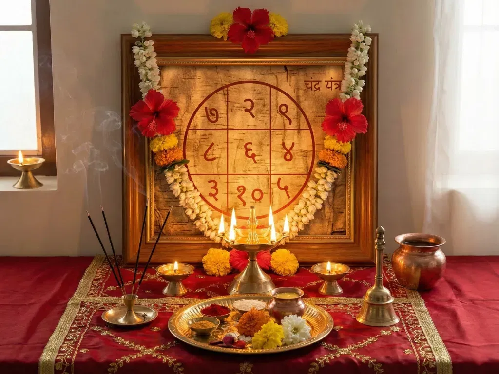 A peaceful home altar featuring an authentic, hand-drawn Sri Chandra Yantra on Himalayan Bhojpatra. The framed yantra is adorned with fresh floral garlands and surrounded by lit glowing diyas, incense, and a traditional Aarti thali, ready for dedicated sadhana and daily worship.