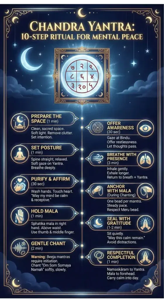 Sleek infographic detailing a 10-step Chandra Yantra ritual for mental peace and calm. The design features a traditional Bhoj Patra Chandra Yantra glowing against a starry night background, with steps for space preparation, posture, Sphatika mala usage, and mindful chanting, presented by YantraChants.com.