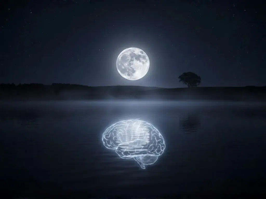 A conceptual 4:3 image of a glowing, translucent human brain floating on the surface of a dark, still lake at night. A large, bright full moon hangs in the starry sky, its light reflecting perfectly on the water's surface through the silhouette of the brain, symbolizing the mind as a clear, reflective surface in a state of deep calm and meditation.