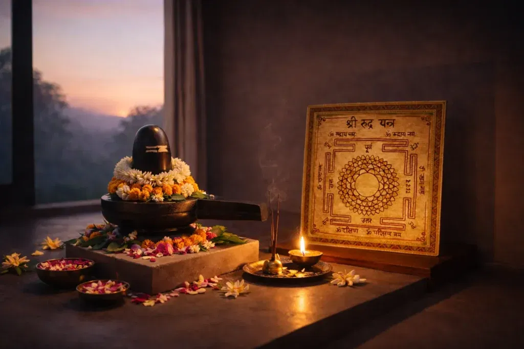 Moderately adorned black stone Shiva Lingam with extended yoni spout, decorated with bilva leaves and flower garlands, placed on a stone pedestal beside a Bhojpatra Rudra Yantra and a glowing ghee lamp in a serene dawn meditation space.