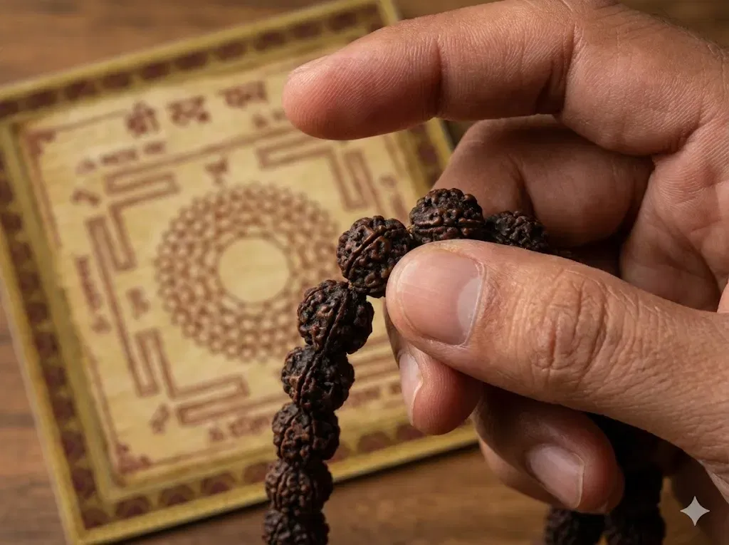Macro shot of a hand performing Japa with a high-quality Rudraksha mala, demonstrating the correct technique by holding the bead with the thumb and middle finger while keeping the index finger raised. A consecrated Rudra Yantra on authentic Bhojpatra is softly visible in the background, embodying the focused Sadhana of the YantraChants.com tradition.