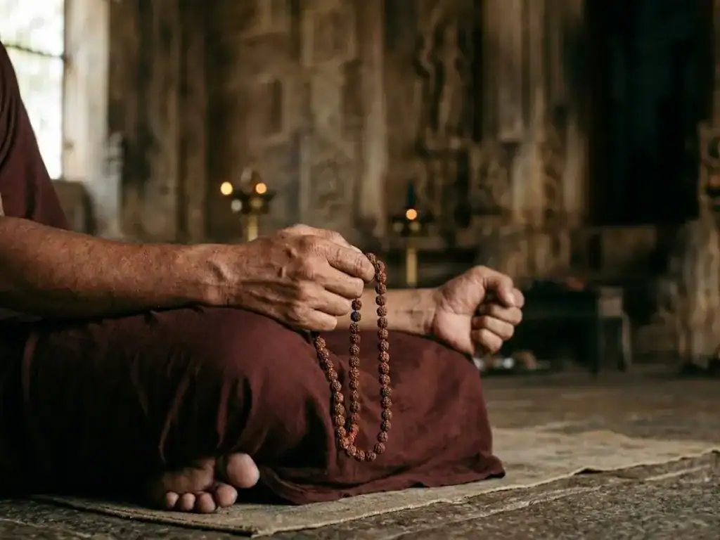 A person sitting in a meditative posture holding a Japa mala. The loose grip on the beads and slightly clenched fist convey feelings of inner instability and a search for grounding.