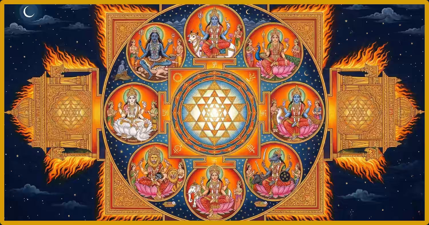 Traditional Indian sacred art depicting the Ashtamatrika Yantra — eight fierce and radiant Divine Mothers seated in circular positions around a glowing Sri Yantra center, enclosed within a golden Bhupura boundary with four flaming gateways, set against a deep indigo night sky with crescent moon, representing the complete eight-directional protection of the Ashtamatrika mandala in the Shakta-Tantric tradition.
