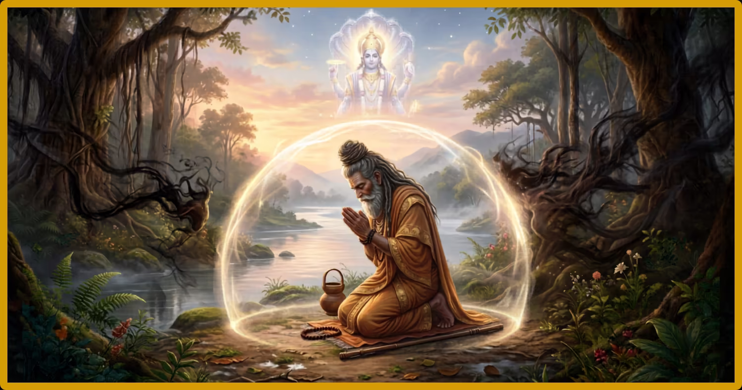 A hyper-realistic illustration of Emperor Manu dressed in simple ascetic robes, kneeling in absolute surrender (Sharanagati) by the banks of a sacred river at dawn. A luminous, energetic shield completely surrounds the ascetic king, effortlessly repelling dark, chaotic worldly forces. Above him in the illuminated sky, a majestic, starlight vision of the Supreme Lord radiates ultimate peace, fearless devotion, and divine protection.